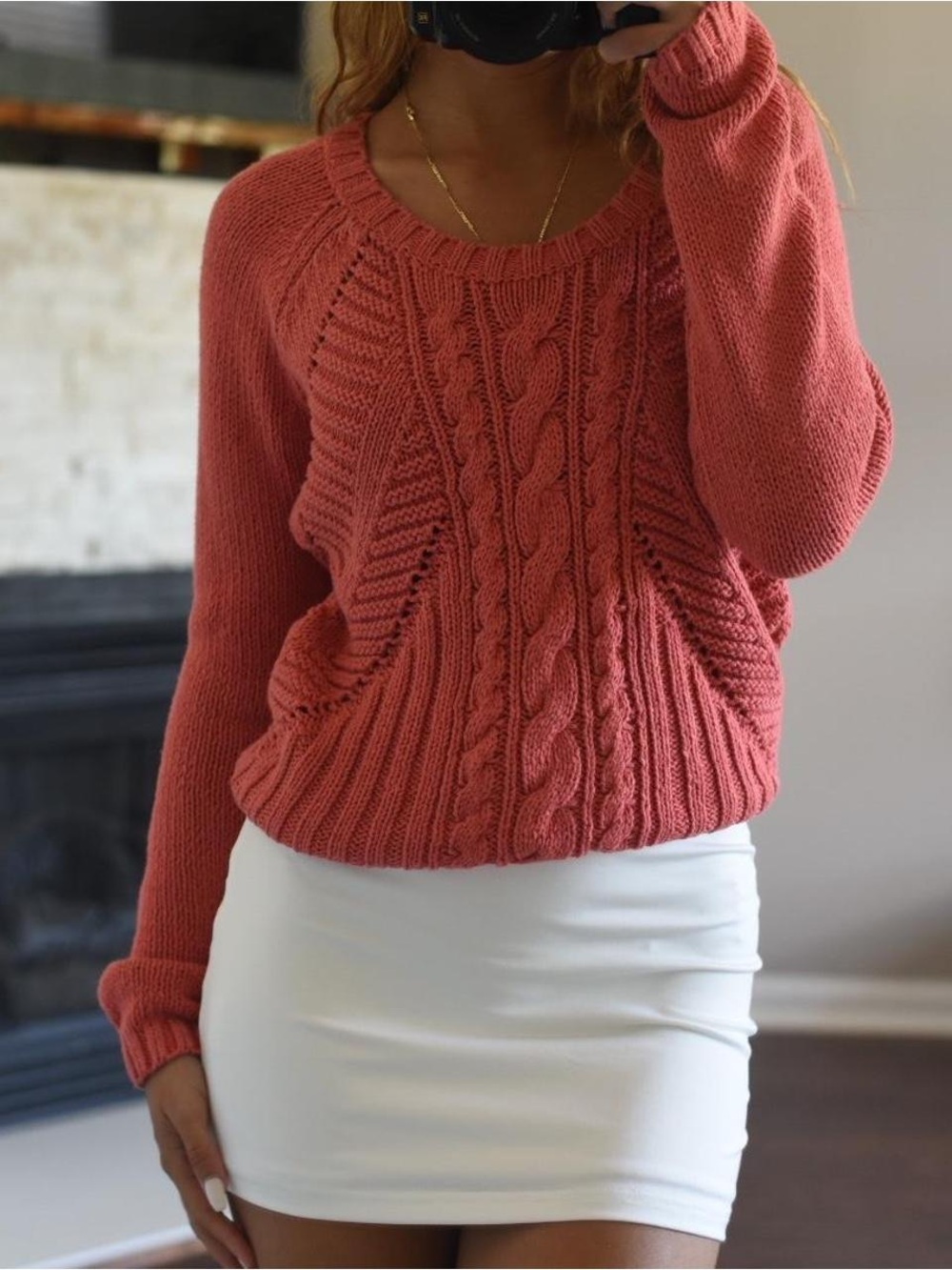 Abercrombie & Fitch Sunset Coral Easy Fit Relaxed Cable Knit Crewneck Sweater